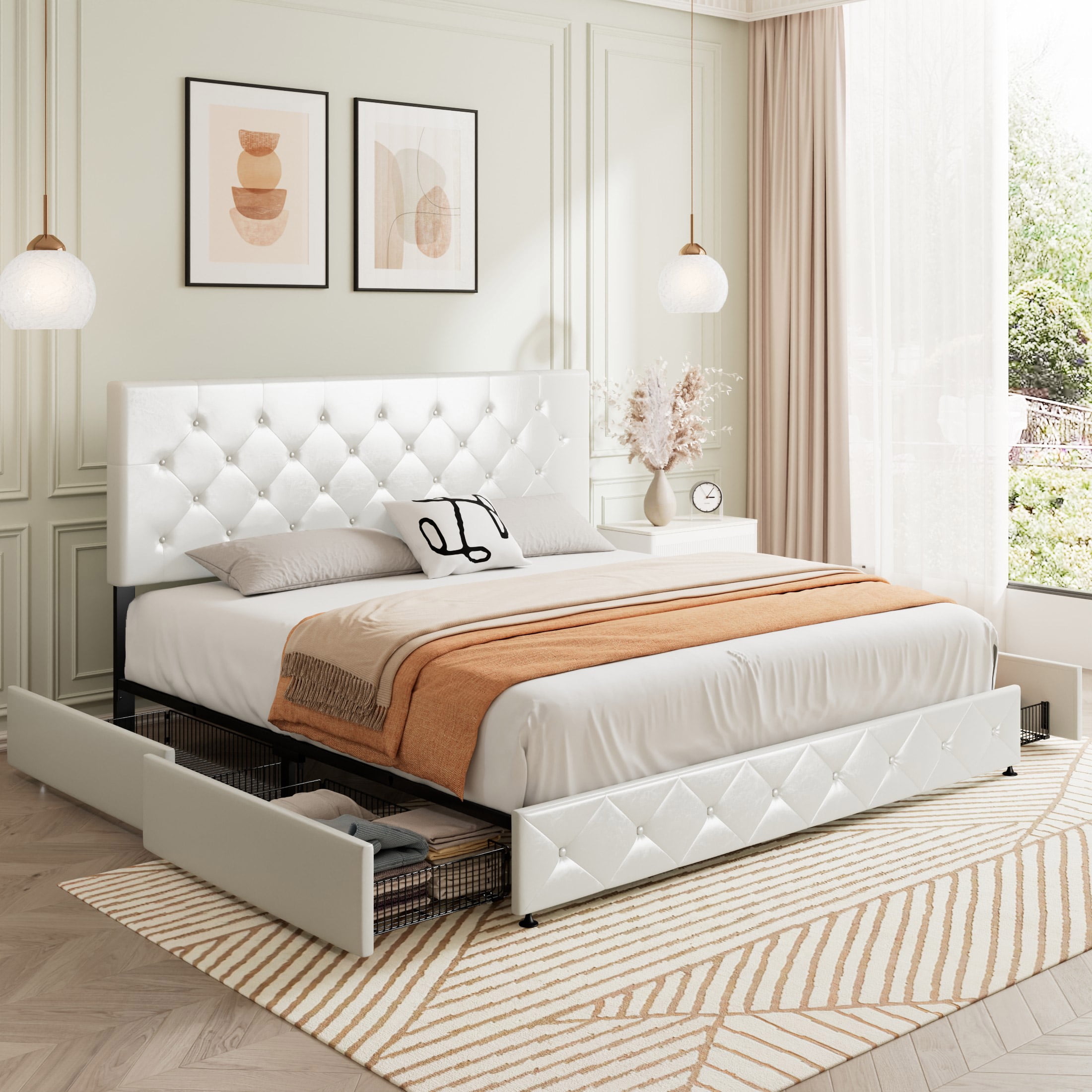 Sifurni King Size Upholstered Platform Bed Frame with 4 Drawers and Diamond Stitched Button Tufted Headboard, White