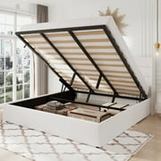 Sifurni King Size Velvet Lift up Hydraulic Storage Platform Bed Frame with Panel Upholstered Wingback Headboard, White