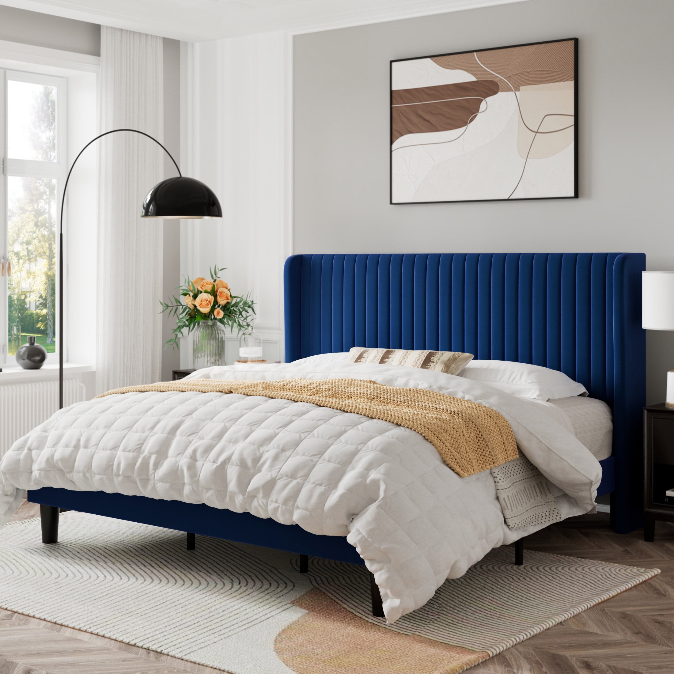 Sifurni King Size Velvet Platform Bed Frame with Vertical Channel