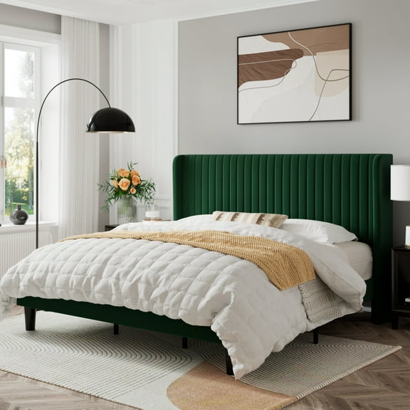 Sifurni King Size Velvet Platform Bed Frame with Vertical Channel Tufted Wingback Headboard, Green