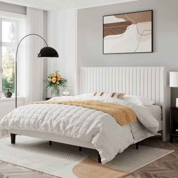 Sifurni King Size Velvet Platform Bed Frame with Vertical Channel Tufted Wingback Headboard, Off White