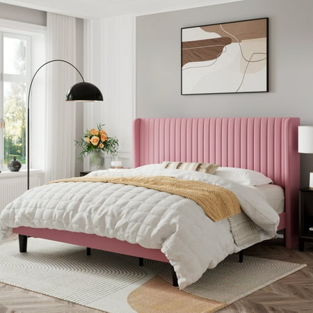 Sifurni King Size Velvet Platform Bed Frame with Vertical Channel Tufted Wingback Headboard, Pink