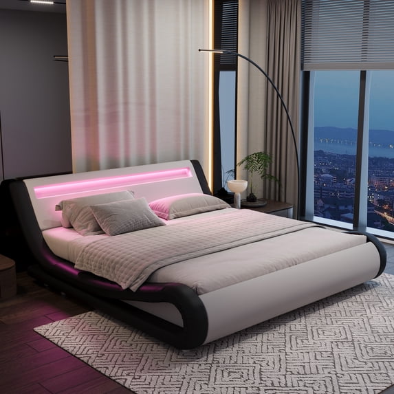 Sifurni King size Wave-Like Curve Deluxe Upholstered Modern Bed Frame with LED Headboard, Black+White
