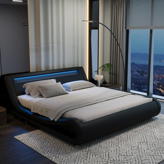 Sifurni King size Wave-Like Curve Deluxe Upholstered Modern Bed Frame with LED Headboard, Black