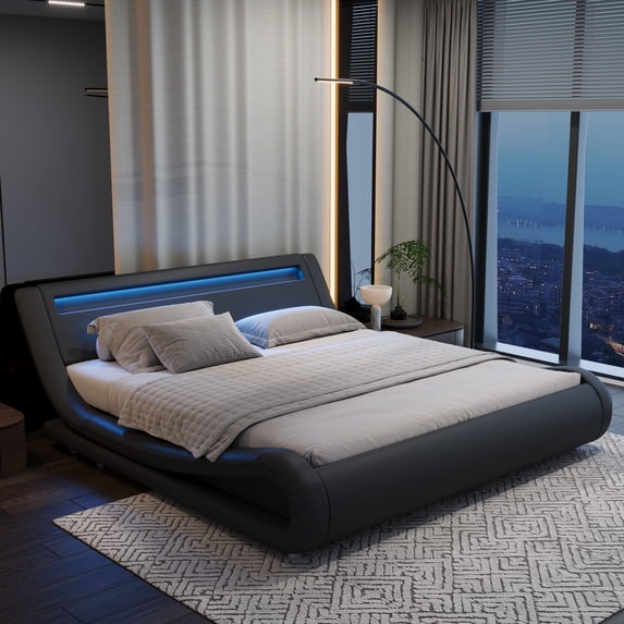 Sifurni King size Wave-Like Curve Deluxe Upholstered Modern Bed Frame with LED Headboard, Dark Dray