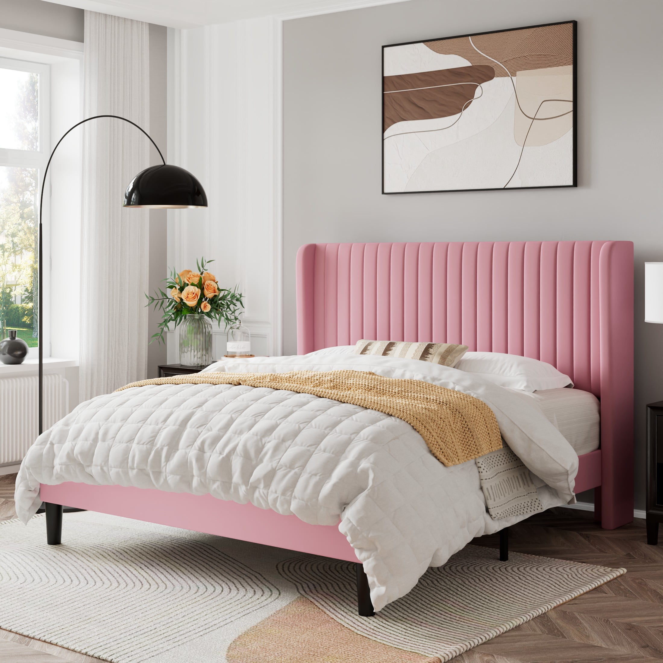 Sifurni QUeen Size Velvet Platform Bed Frame with Vertical Channel Tufted Wingback Headboard, Pink