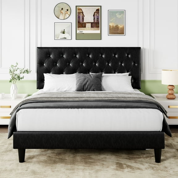 Sifurni Queen Faux Leather Upholstered Platform Bed Frame with Adjustable Diamond-Tufted Headboard, Black