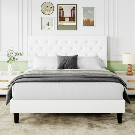 Sifurni Queen Faux Leather Upholstered Platform Bed Frame with Adjustable Diamond-Tufted Headboard, White