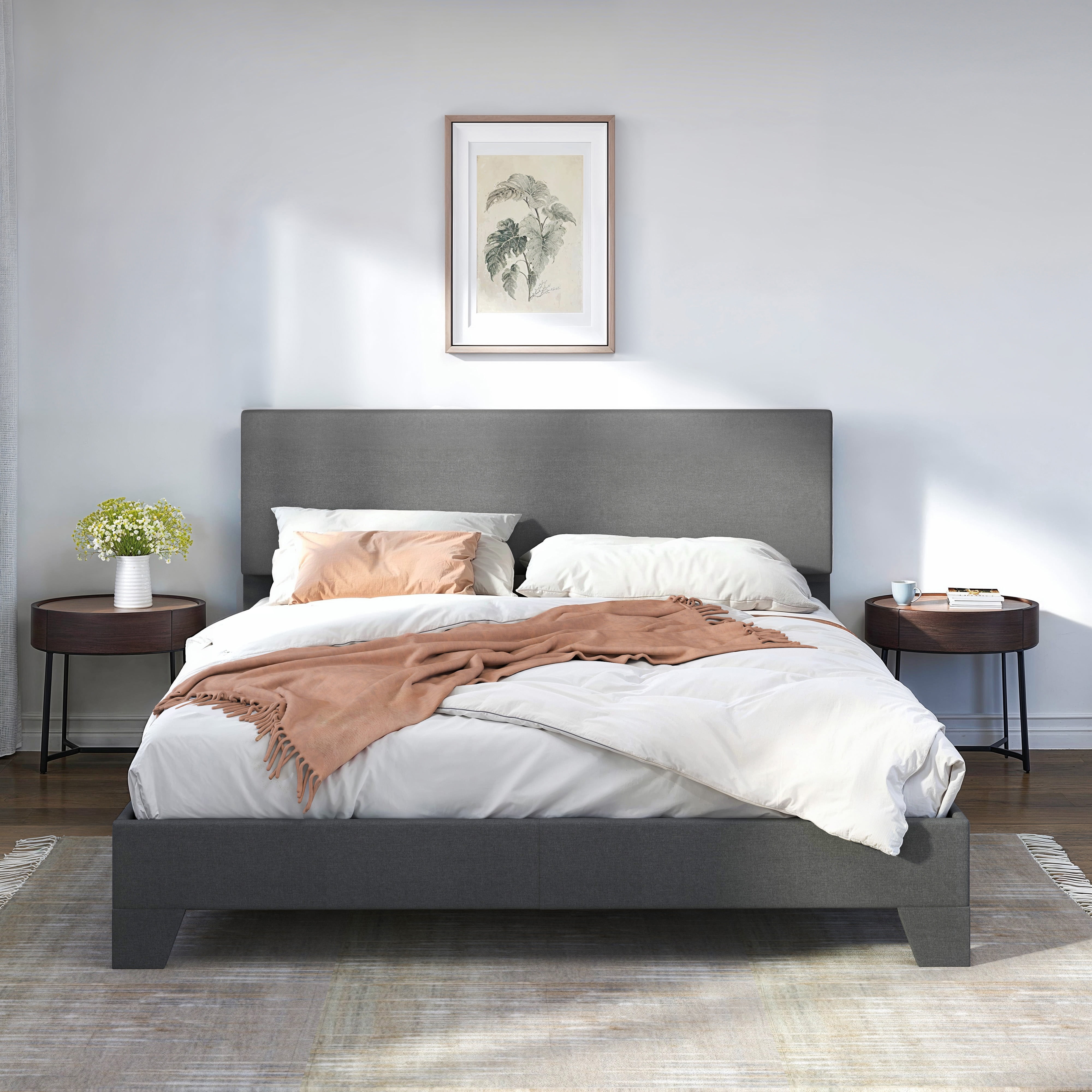 Sifurni Queen Platform Bed Frame with Upholstered Adjustable Fabric Headboard, Dark Grey