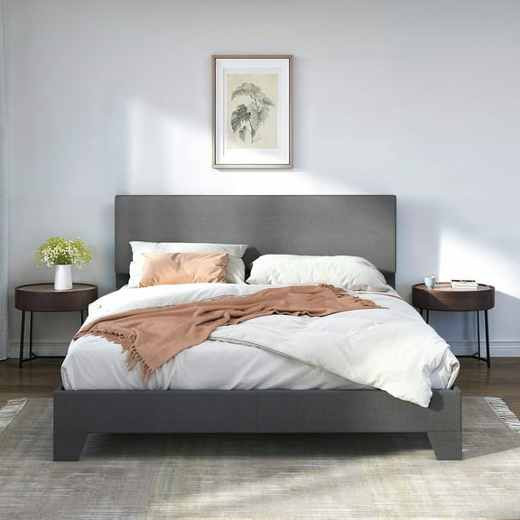 Sifurni Queen Platform Bed Frame with Upholstered Adjustable Fabric Headboard, Dark Grey