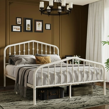 Sifurni Queen Size Metal Platform Bed Frame with Vintage Victorian Headboard & Footboard, White