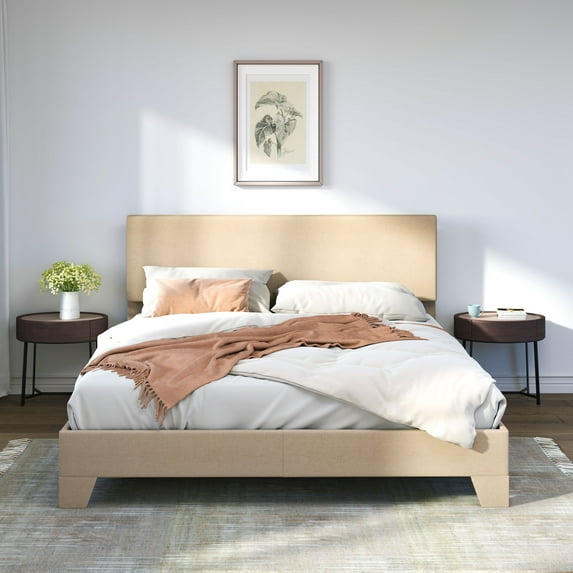 Sifurni Queen Size Platform Bed Fame with Upholstered Adjustable Fabric Headboard, Beige