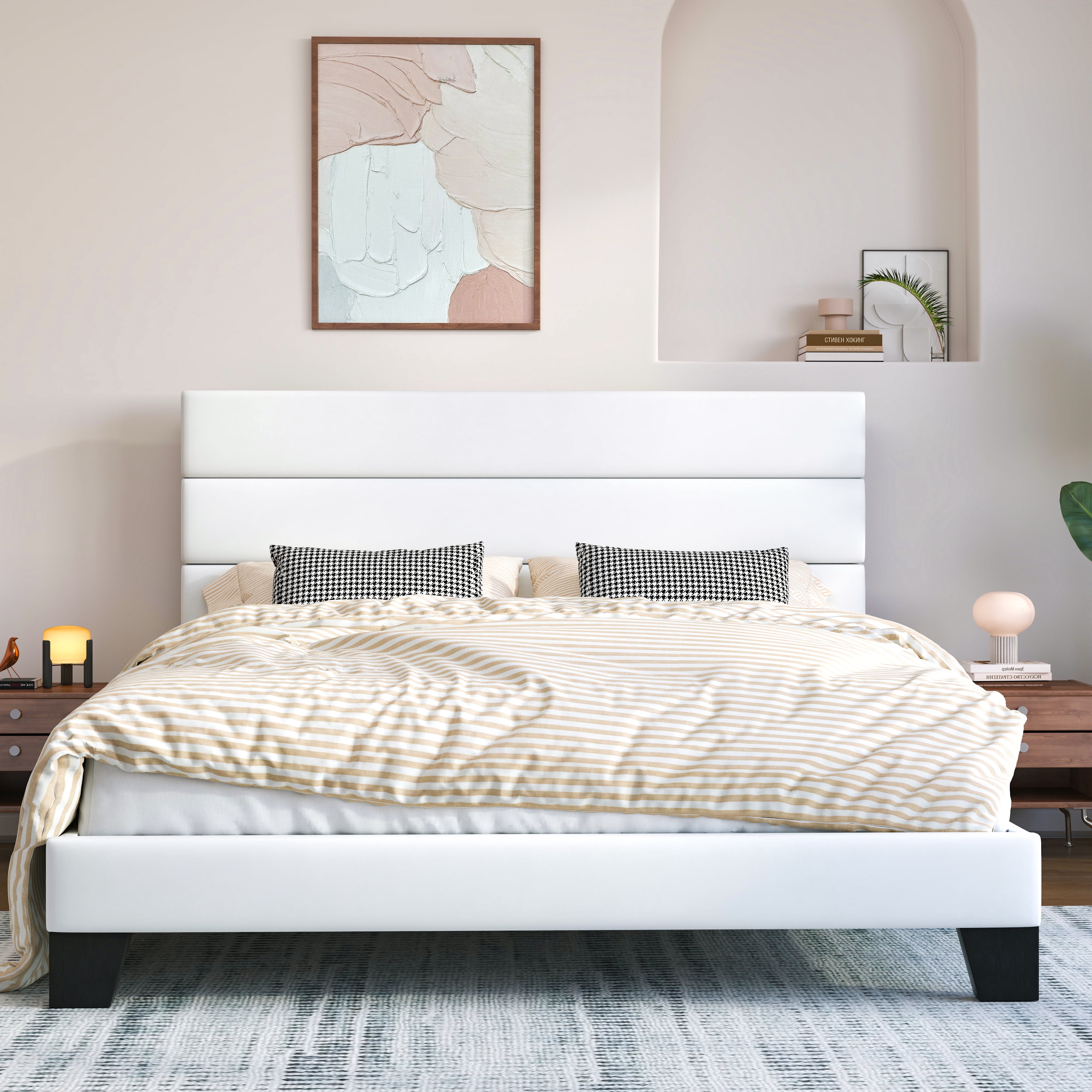 Sifurni Queen Size Platform Bed Frame with Velvet Upholstered Headboard, Easy Assembly, No Box Spring Needed, White