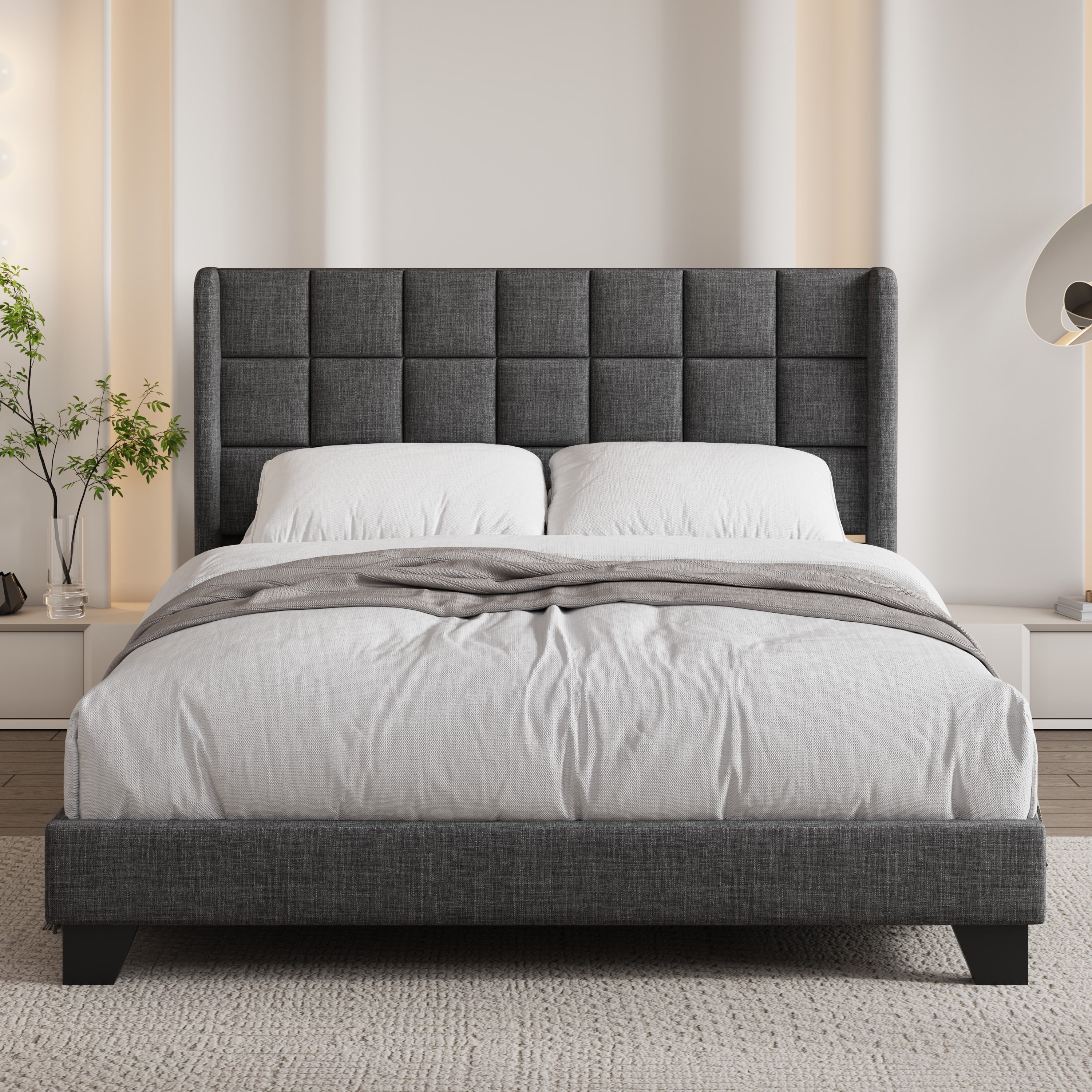 Sifurni Queen Size Bed Frame with Wingback Upholstered Sifurni Queen Size Bed Frame with Wingback Upholstered