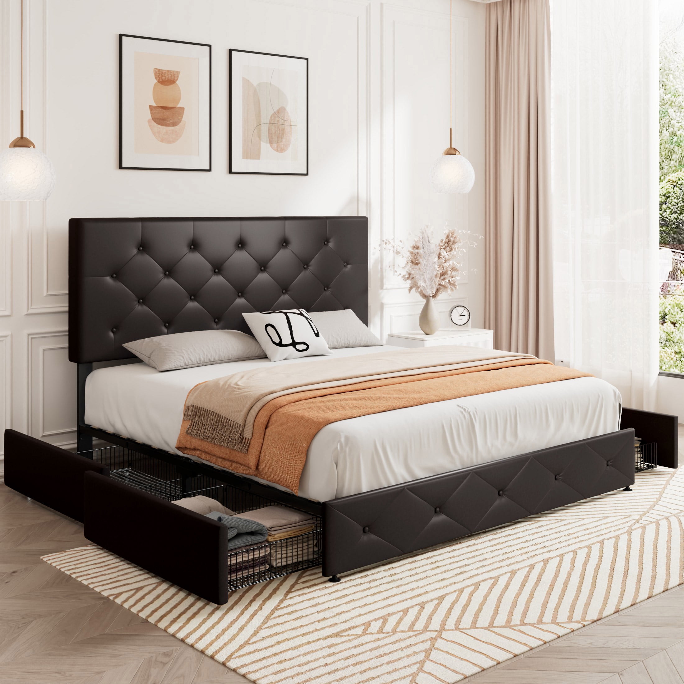 Sifurni Queen Size Upholstered Platform Bed Frame with 4 Drawers and Diamond Stitched Button Tufted Headboard Black brown