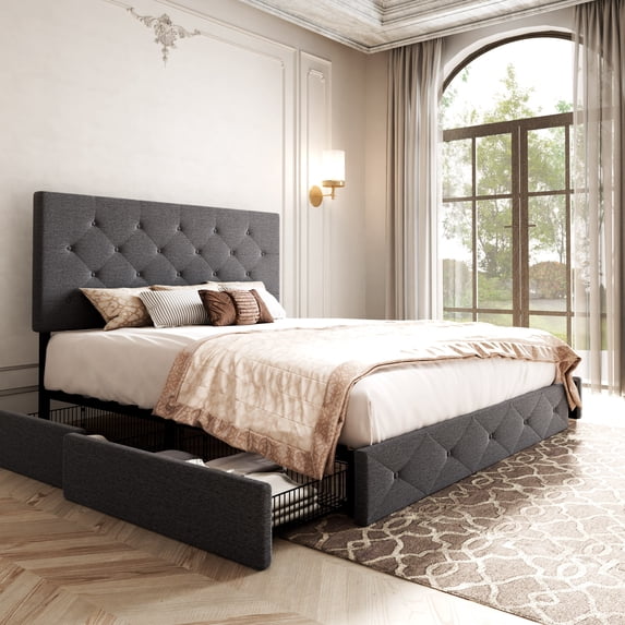 Sifurni Queen Size Upholstered Platform Bed Frame with 4 Drawers Storage and Diamond Stitched Button Tufted Headboard, Dark Grey