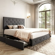 Sifurni Queen Size Upholstered Platform Bed Frame with 4 Drawers Storage and Diamond Stitched Button Tufted Headboard, Dark Grey