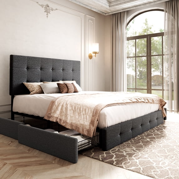 Sifurni Queen Size Upholstered Platform Bed Frame with 4 Drawers Storage and Square Stitched Button Tufted Headboard, Dark Grey