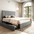 thumbnail image 1 of Sifurni Queen Size Upholstered Platform Bed Frame with 4 Drawers Storage and Square Stitched Button Tufted Headboard, Light Grey, 1 of 6