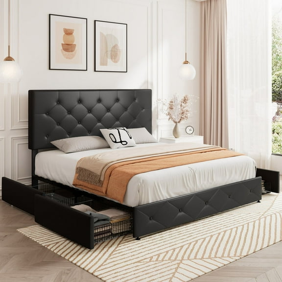 Sifurni Queen Size Upholstered Platform Bed Frame with 4 Drawers and Diamond Stitched Button Tufted Headboard, Black