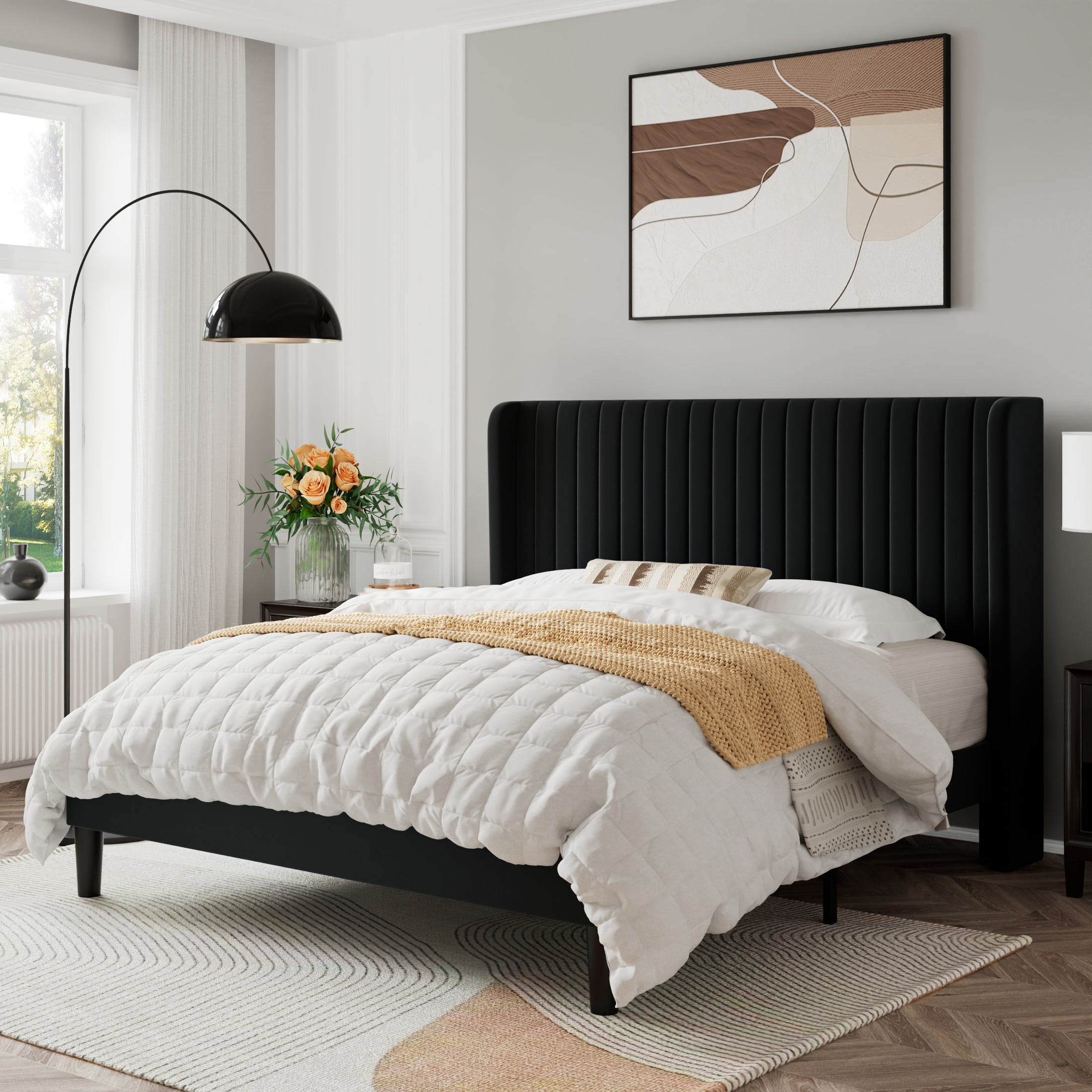 Sifurni Queen Size Velvet Platform Bed Frame with Vertical Channel Tufted Wingback Headboard, Black