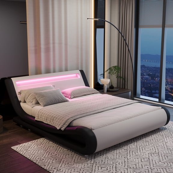 Sifurni Queen size Wave-Like Curve Deluxe Upholstered Modern Bed Frame with LED Headboard, Black+White