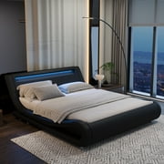 Sifurni Queen size Wave-Like Curve Deluxe Upholstered Modern Bed Frame with LED Headboard, Black