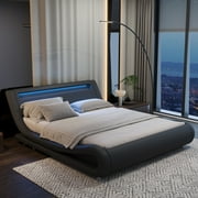 Sifurni Queen size Wave-Like Curve Deluxe Upholstered Modern Bed Frame with LED Headboard, Dark Dray