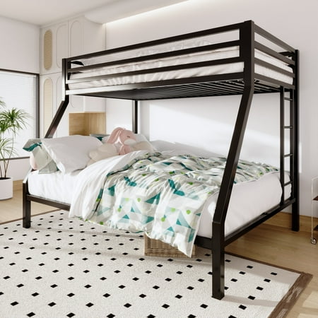 Sifurni Twin Over Full Size Metal Bunk Bed with Removable Stairs & Full-Length Guardrail, Black