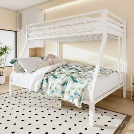 Sifurni Twin Over Full Size Metal Bunk Bed with Removable Stairs & Full-Length Guardrail, White