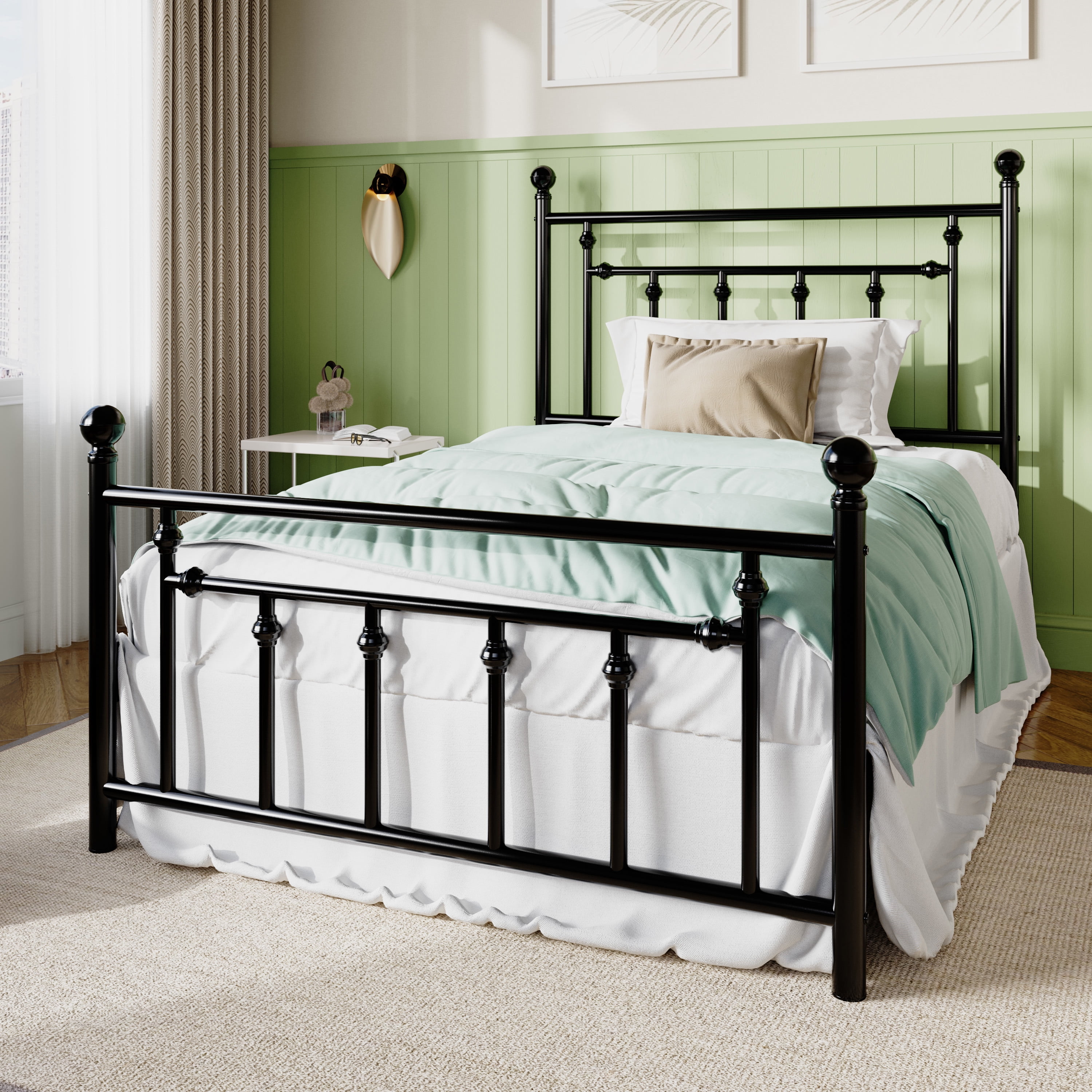 Sifurni Twin Size Metal Platform Bed Frame with Victorian Vintage Headboard, Black