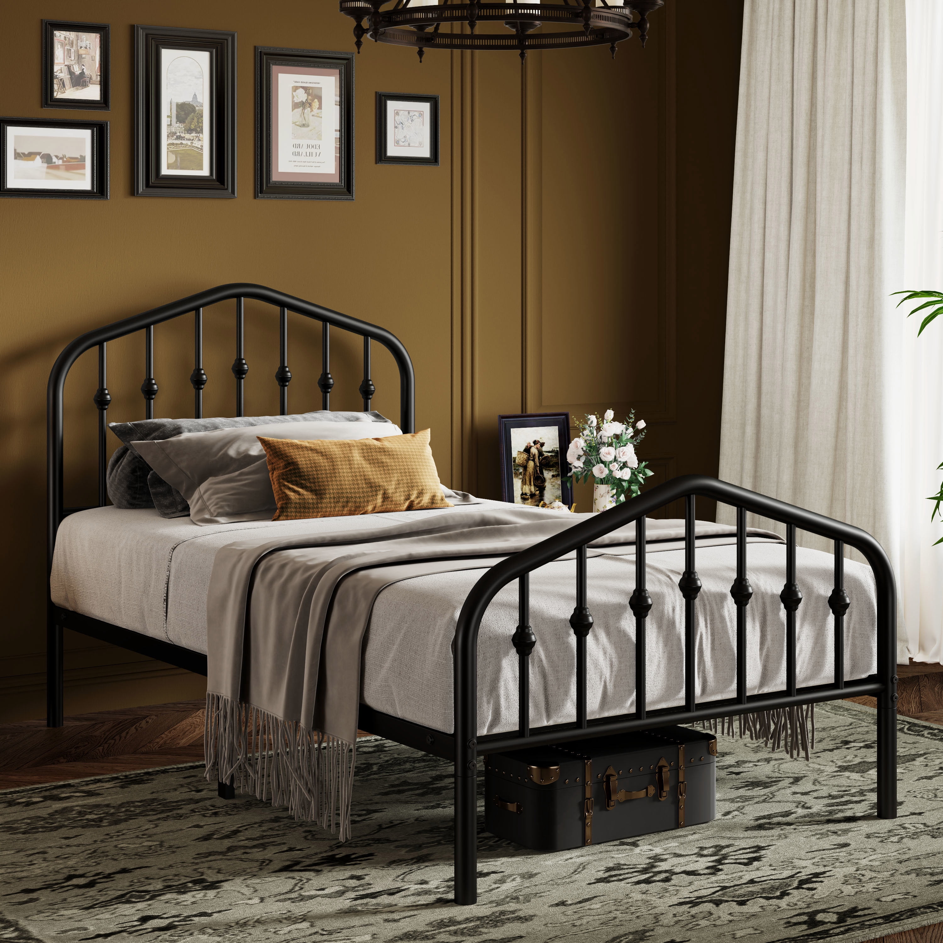 Sifurni Twin Size Bed Frame, Heavy Duty Metal Platform Bed with Vintage Victorian Headboard & Footboard, Black
