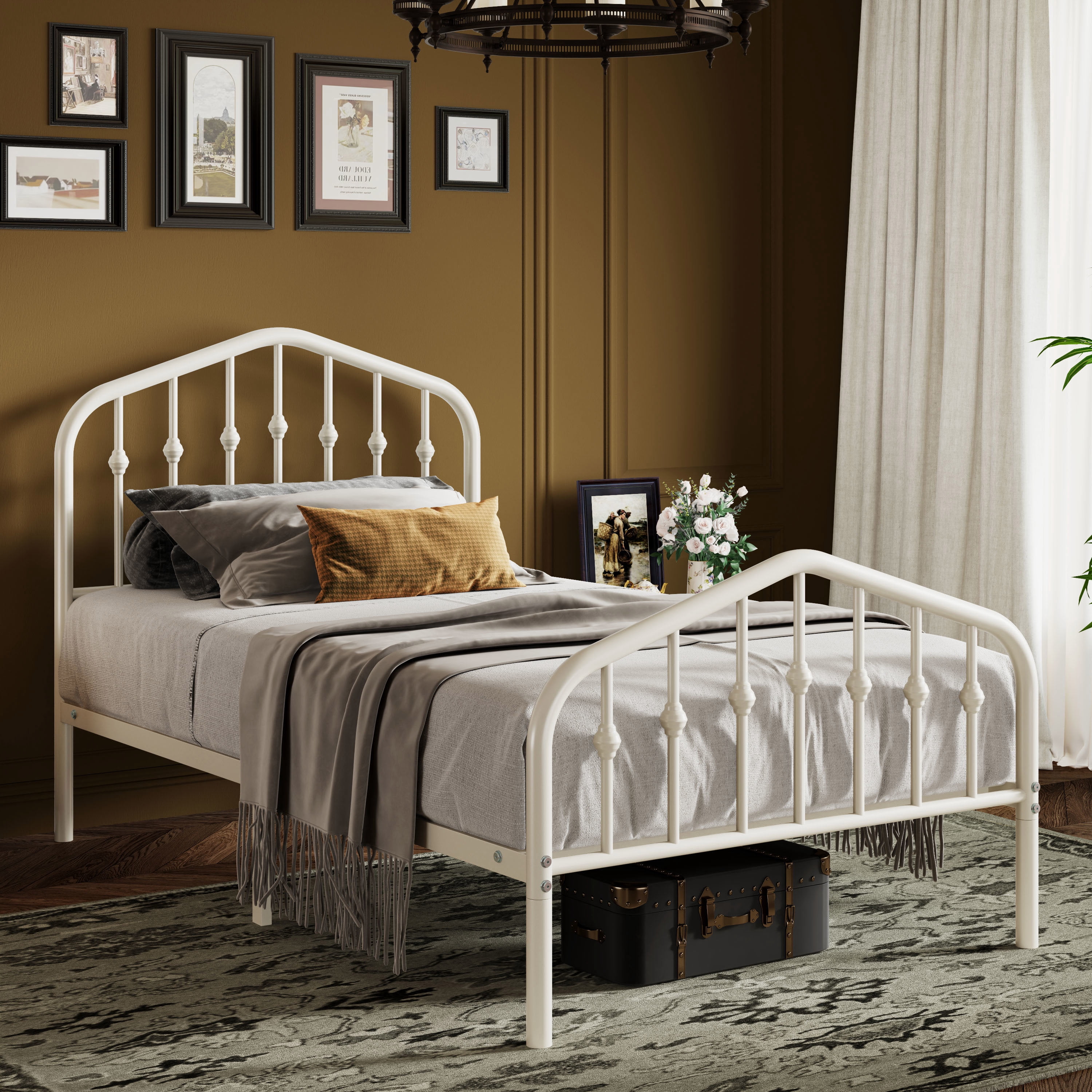 Sifurni Twin Size Bed Frame, Heavy Duty Metal Platform Bed with Vintage Victorian Headboard & Footboard, White