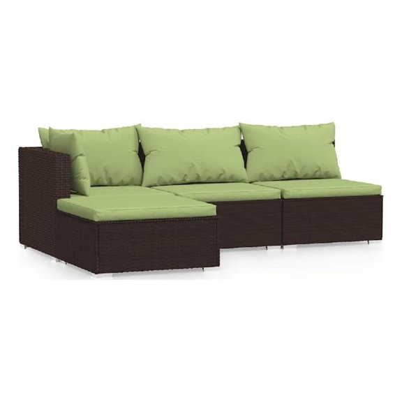 Sify 4pc Outdoor Lounge Sofa Set-4 Pillows-Green Cushions-Brown Rattan
