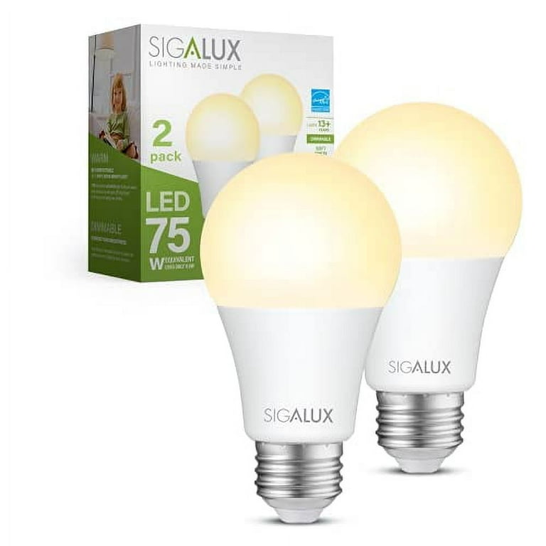 Sigalux A19 LED Light Bulb Energy Star Certified 75 Watt Equivalent Dimmable LED Bulb 11.5W 1100LM Soft White 2700K E26 Standard Light Bulbs UL