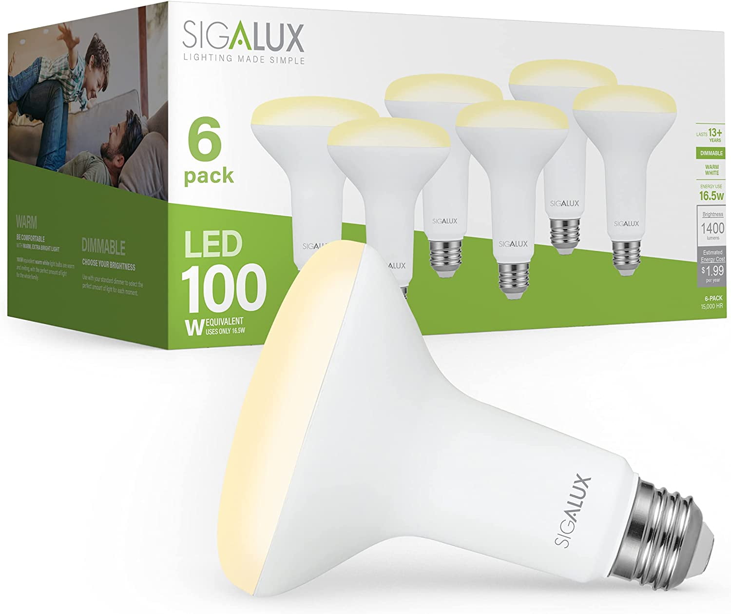 Sigalux Dimmable Recessed Light Bulbs Flood Lights Indoor LED Light Bulb BR30 3000K Warm White 1400LM 16.5W=100W E26 Base CRI Hr UL Listed, Pack of 6 K Soft White