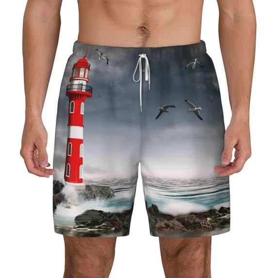 Sigee 3d Lighthouse in the Surf Print Mens Swim Trunks with Compression Liner Quick Dry Swim Stretch Beach Shorts with Pockets,S-3XL