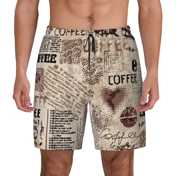 Sigee Abstract Coffee Pattern With Letters Print Mens Swim Trunks with Compression Liner Quick Dry Swim Stretch Beach Shorts with Pockets,S-3XL