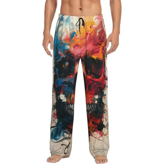 Sigee Abstract Colorful Skull Art print Men's Pajama Pants Lounge Sleep Bottoms with Elastic Waistband and Pockets-Large