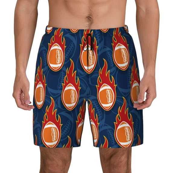 Sigee American Football and Fire Flames Print Mens Swim Trunks with Compression Liner Quick Dry Swim Stretch Beach Shorts with Pockets,S-3XL