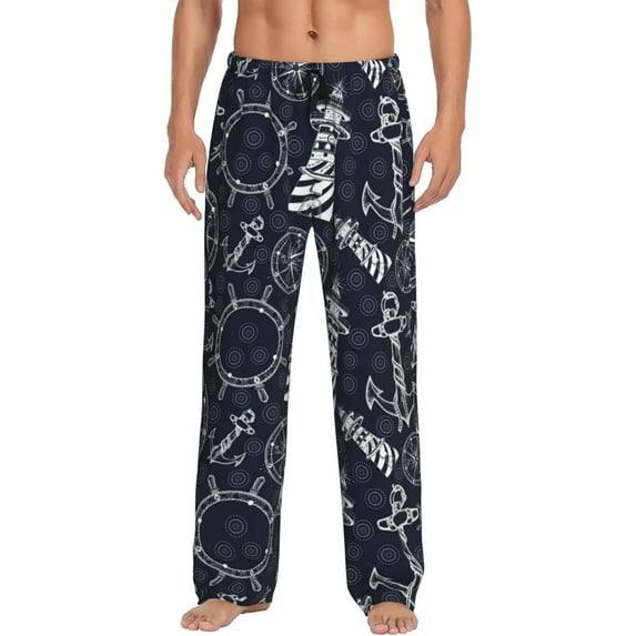 Sigee Anchor and Lighthouse Print Men's Pajama Pants - Soft Lounge Sleep Bottoms with Elastic Waistband and Pockets-