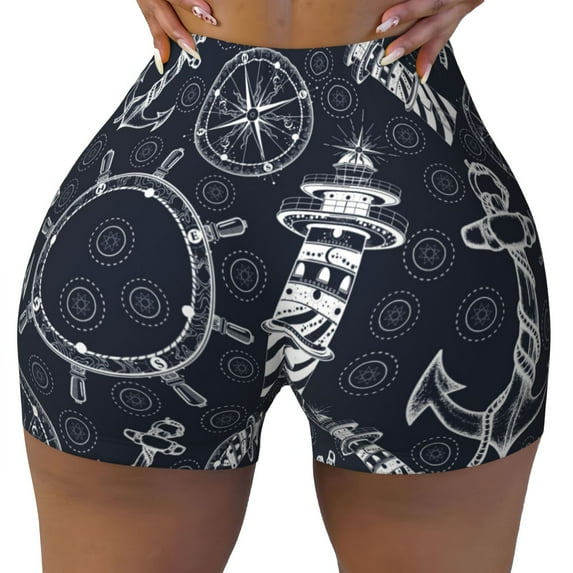 Sigee Anchors and Lighthouse Print Women's High Waist Workout Shorts - Squat Proof, Tummy Control, Yoga and Gym Activewear-Small