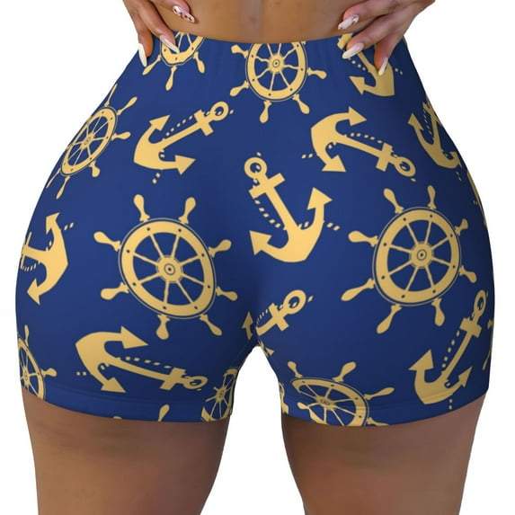 Sigee Anchors and Nautical Print Women's High Waist Workout Shorts - Squat Proof, Tummy Control, Yoga and Gym Activewear-X-Large