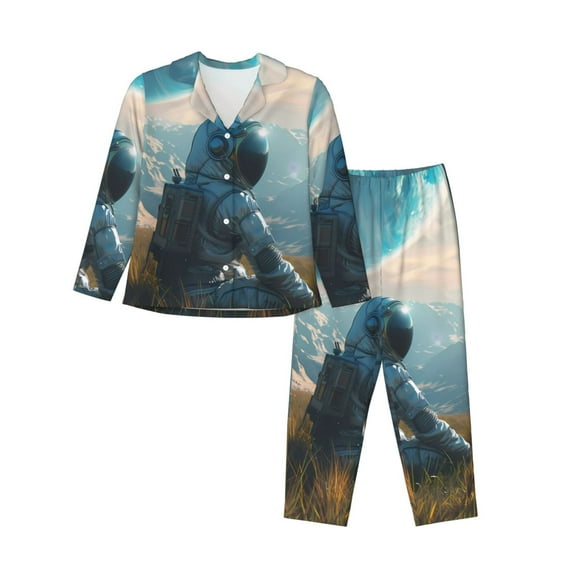 Sigee Astronaut Contemplating Planet for Women’s Pajama Sets Long-Sleeved Pjs Sets for Women 2 piece Sleepwear-Medium