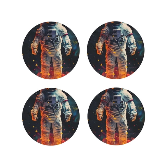 Sigee Astronaut Cosmic Rainbow for Water-Resistant, Heat-Resistant, Non-Slip Leather Coasters Set, Ideal for Coffee Table, Office, Bar, Home Decor-Round Shape