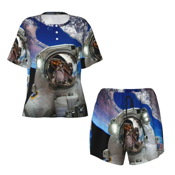 Sigee Astronaut in Outer Space for Sleepwear Casual Pjs with Pockets Women's Pajamas Sets Shorts 2 Piece Short Sleeve Lounge Sets X-Large