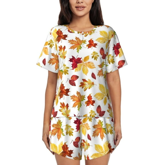 Sigee Autumn Leaves 1 for Sleepwear Casual Pjs with Pockets Women's Pajamas Sets Shorts 2 Piece Short Sleeve Lounge Sets-XX-Large