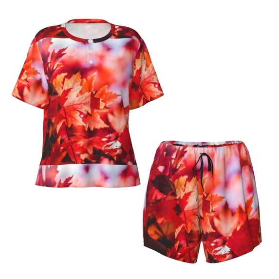 Sigee Autumn Maple Leaves for Sleepwear Casual Pjs with Pockets Women's Pajamas Sets Shorts 2 Piece Short Sleeve Lounge Sets Medium