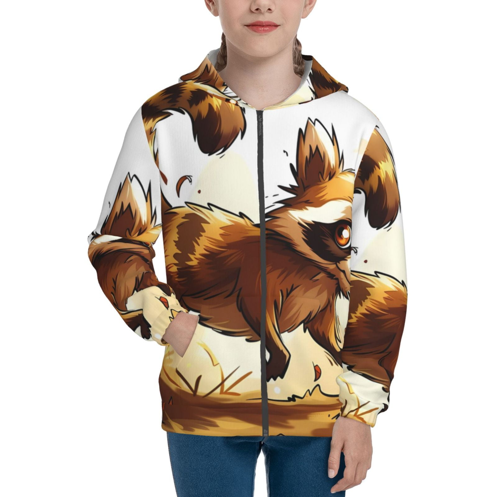 Bamboo Fleece Pullover Hoodie (Autumn Raccoon Print/Drizzle)