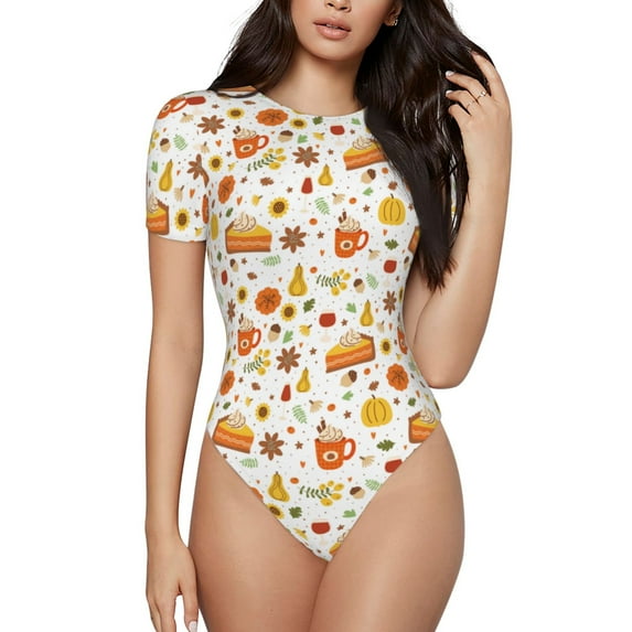 Sigee Autumn for Bodysuits for Womens Round Neck Short Sleeves Onesie Womens Jumpsuits-XX-Large